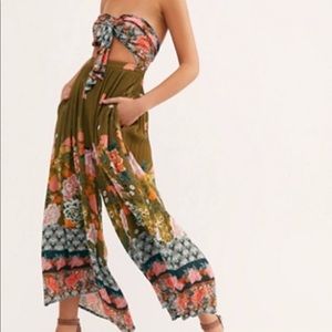Free People Olive Green Floral Wide-Leg Jumpsuit
